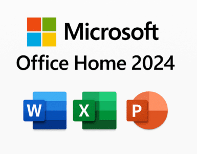 Microsoft Office Home 2024 installeret på både Mac og PC med Word, Excel og PowerPoint-ikoner vist på en lys baggrund.