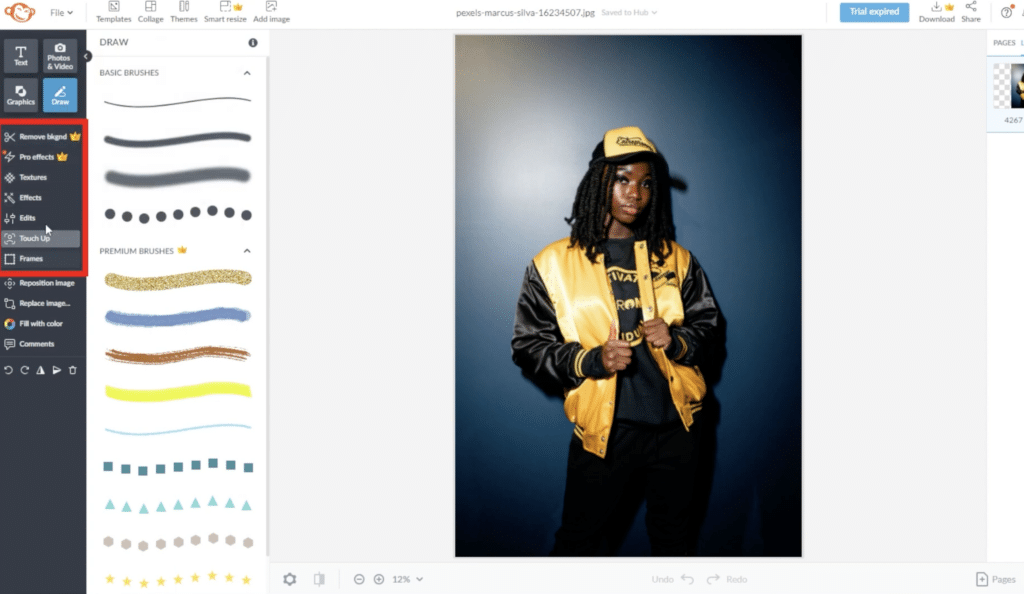 PicMonkey-editor i browser med åben tegnefunktion, venstremenu med redigeringsværktøjer og portrætbillede i arbejdsfladen.