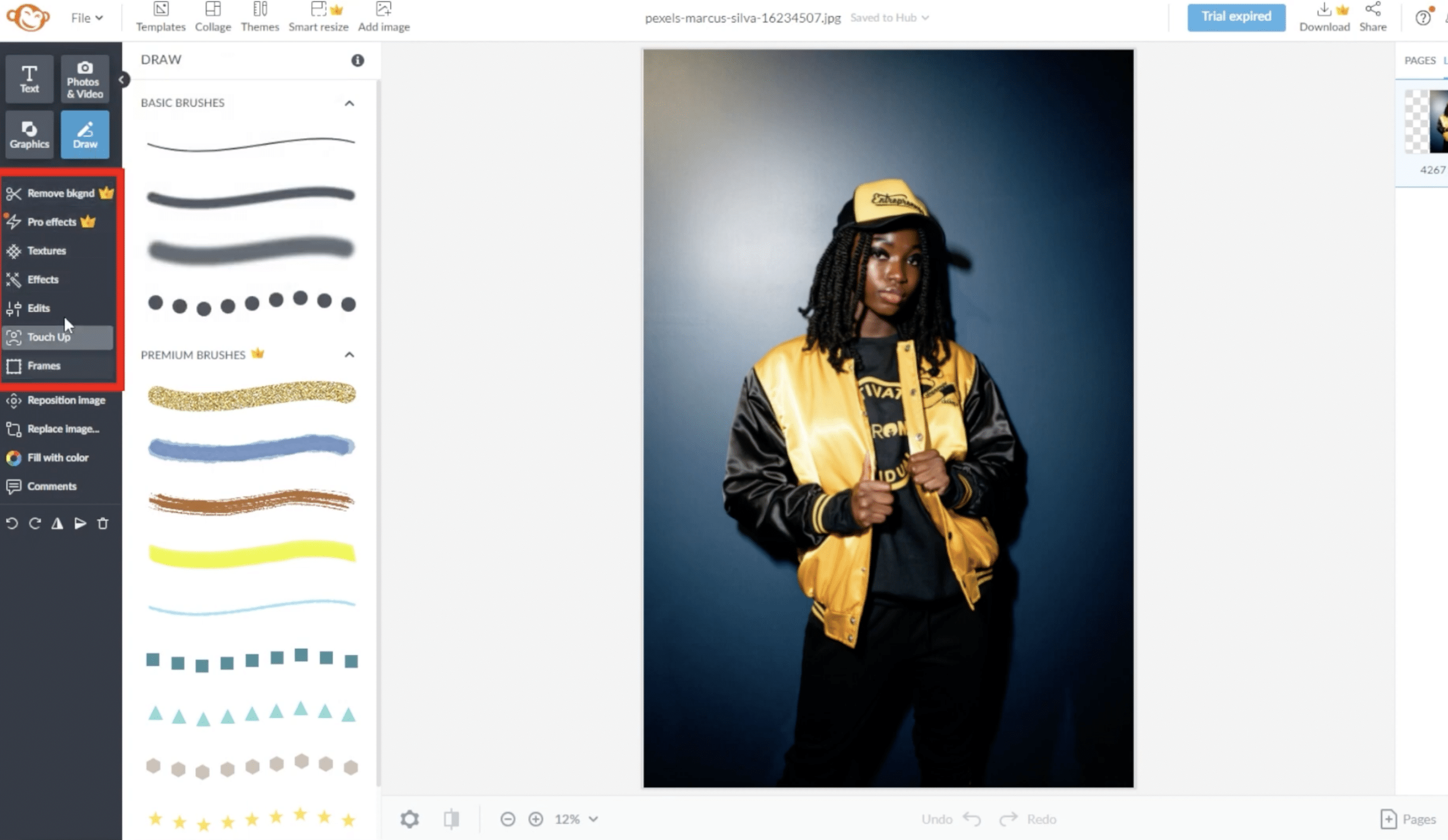 PicMonkey-editor i nettleser med åpen tegnefunksjon, venstremeny med redigeringsverktøy og portrettbilde i arbeidsflaten.