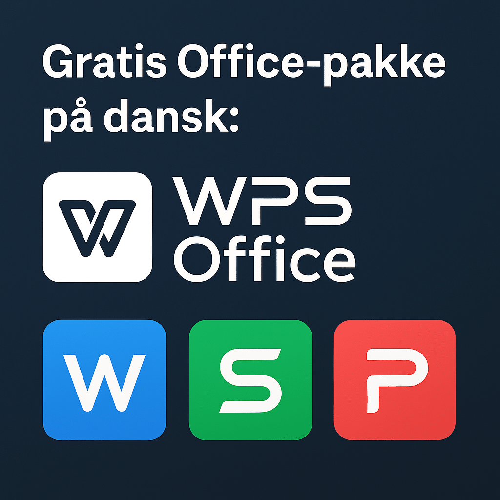 Promoveringsbillede af WPS Office med ikoner for Writer, Spreadsheet og Presentation på lys baggrund, designet til Windows, Mac og mobil.