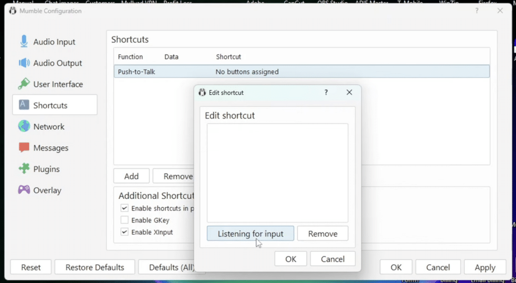 Mumble-indstillinger viser opsætning af Push-to-Talk-genvej i menuen Shortcuts.
