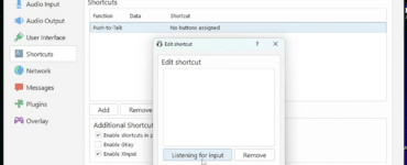 Mumble-indstillinger viser opsætning af Push-to-Talk-genvej i menuen Shortcuts.