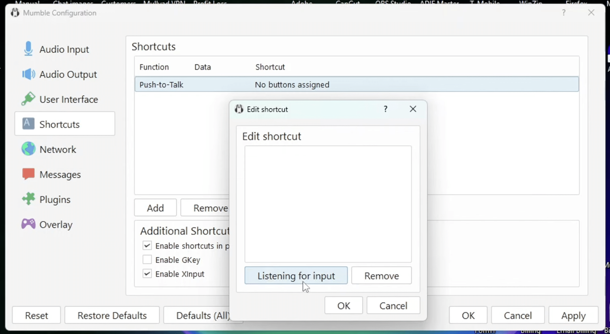 Mumblen asetukset näyttävät Push-to-Talk-pikanäppäimen määrityksen Shortcuts-valikossa.