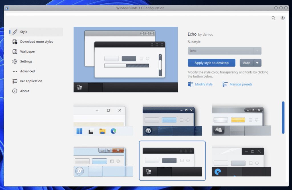 WindowBlinds 11-Konfiguration unter Windows 11, in der der Nutzer verschiedene Skins und visuelle Themes für den Desktop auswählt und in der Vorschau betrachtet.