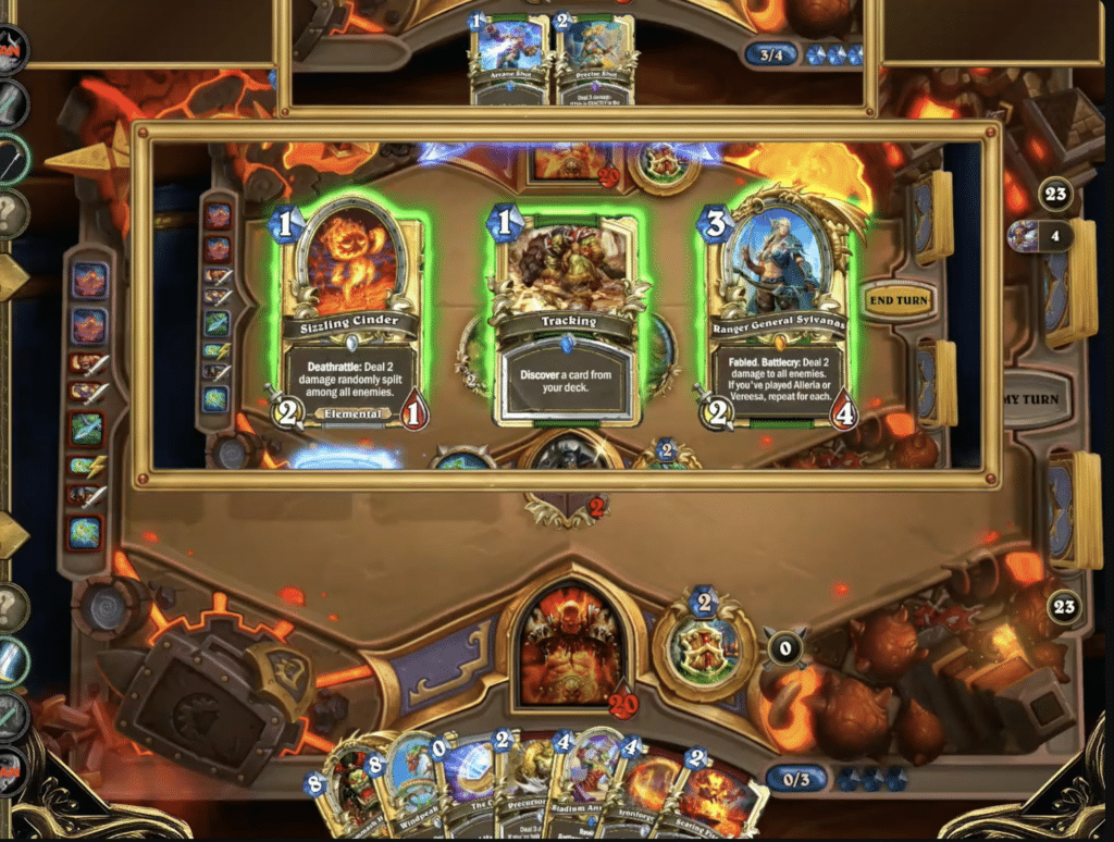 Hearthstone-kamp, hvor spilleren vælger mellem tre kort via Discover-mekanikken midt i en match på et lava-inspireret spillebræt.