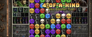Kamp i Puzzle Quest 2, hvor spilleren matcher farvede brikker og kraniesymboler mod fjenden Fluffy.