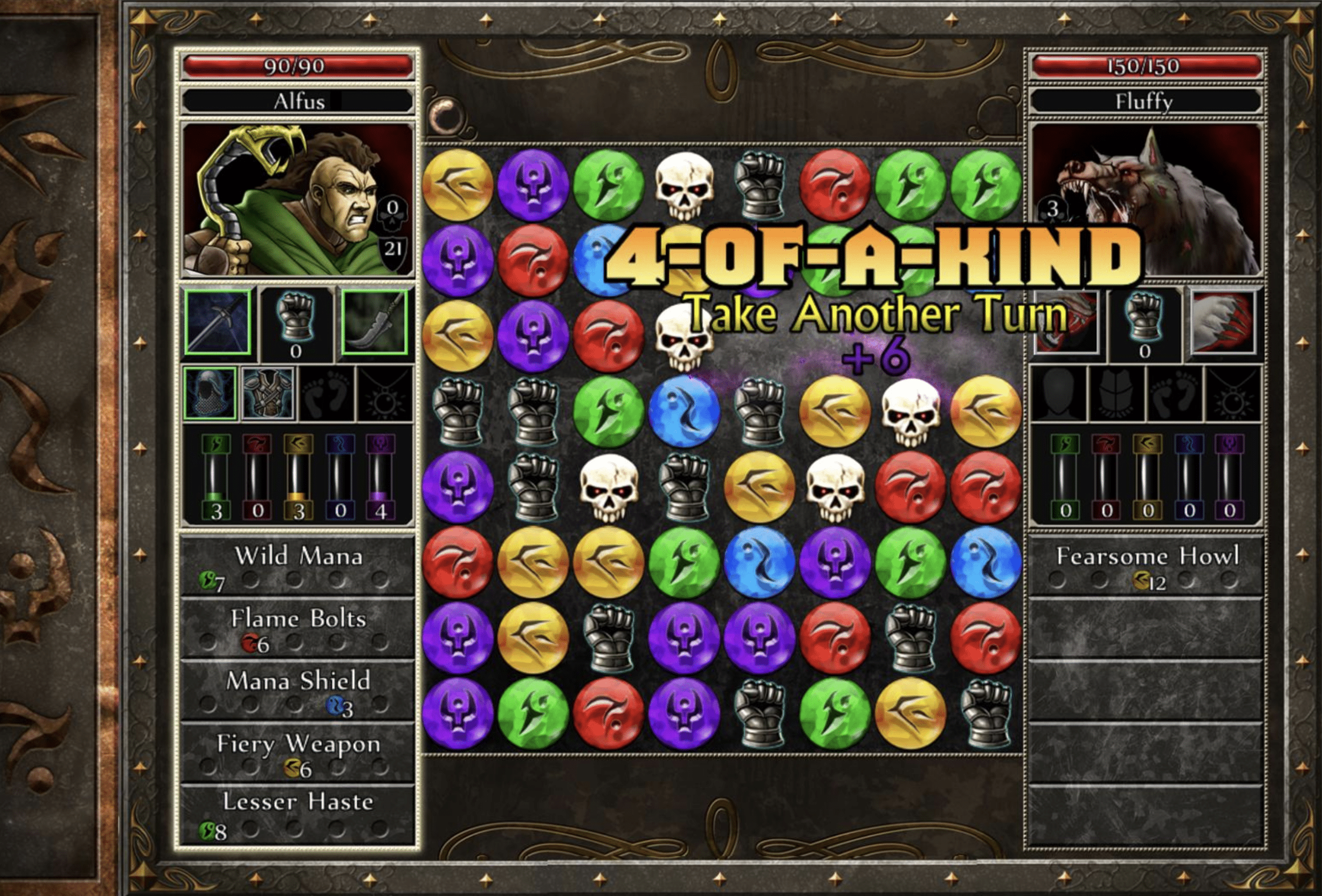 Kamp i Puzzle Quest 2, der spilleren matcher fargede brikker og hodeskallesymboler mot fienden Fluffy.