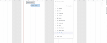 ClickUp-visning med projekt-tidslinje og menu til valg mellem views som Board, List, Calendar, Gantt, Table, Whiteboard, Doc, Workload, Mind Map og Timeline.