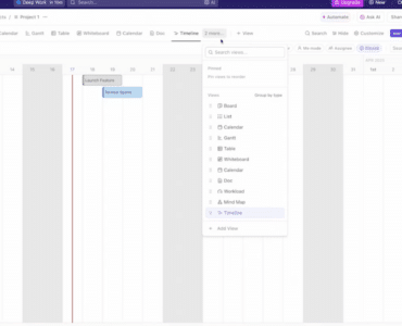 ClickUp-visning med projekt-tidslinje og menu til valg mellem views som Board, List, Calendar, Gantt, Table, Whiteboard, Doc, Workload, Mind Map og Timeline.