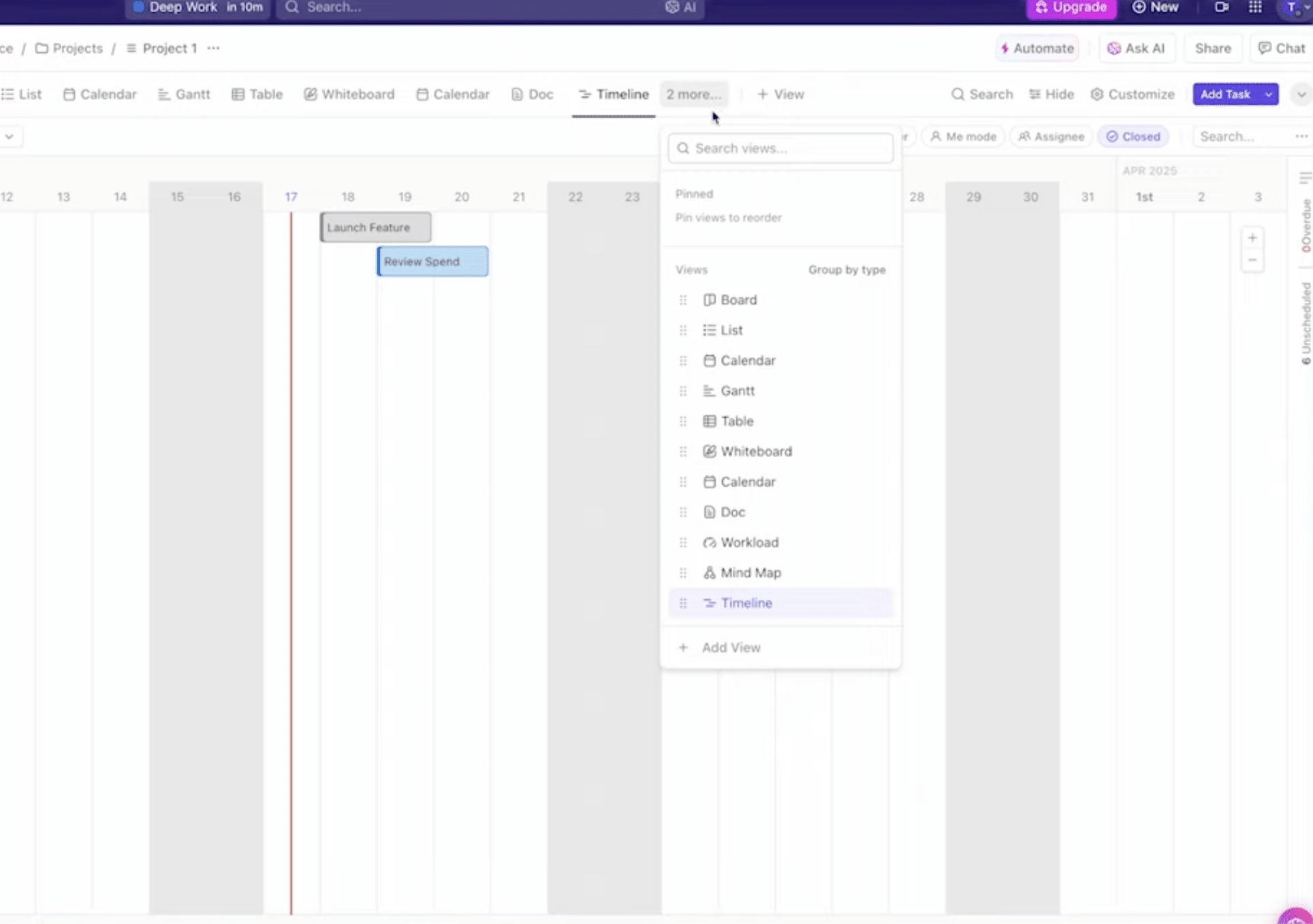ClickUp-näkymä, jossa projektin aikajana ja valikko näkymien valintaa varten: Board, List, Calendar, Gantt, Table, Whiteboard, Doc, Workload, Mind Map ja Timeline.