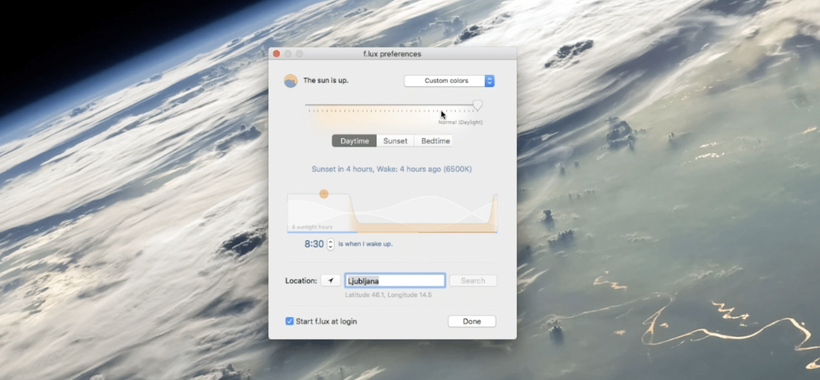 F.lux-asetukset Macilla: näytön värilämpötilan säätö kellonajan ja sijainnin mukaan.