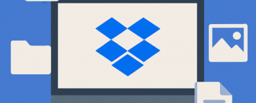 Illustration af Dropbox med en computerskærm, der viser Dropbox-logoet, omgivet af ikoner for filer, mapper, billeder og en sky – symboliserer fildeling og cloud-lagring.