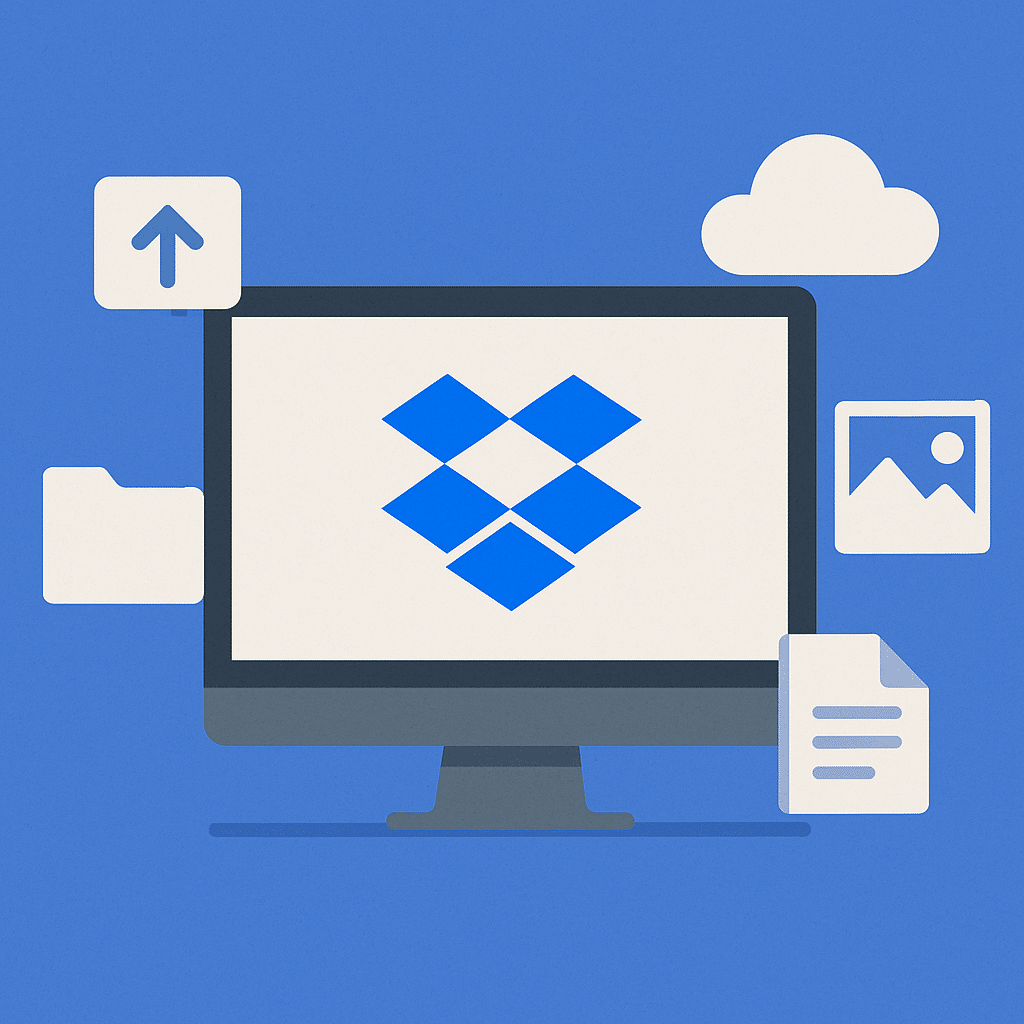 Illustrasjon av Dropbox med en dataskjerm som viser Dropbox-logoet, omgitt av ikoner for filer, mapper, bilder og en sky – symboliserer fildeling og skylagring.