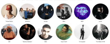 Deezer-skærmbillede med opsætning af musikprofil, hvor brugeren skal vælge mindst 10 kunstnere blandt blandt andre Tobias Rahim, APHACA, Annika, Gilli, KESI, Taylor Swift og The Minds of 99.