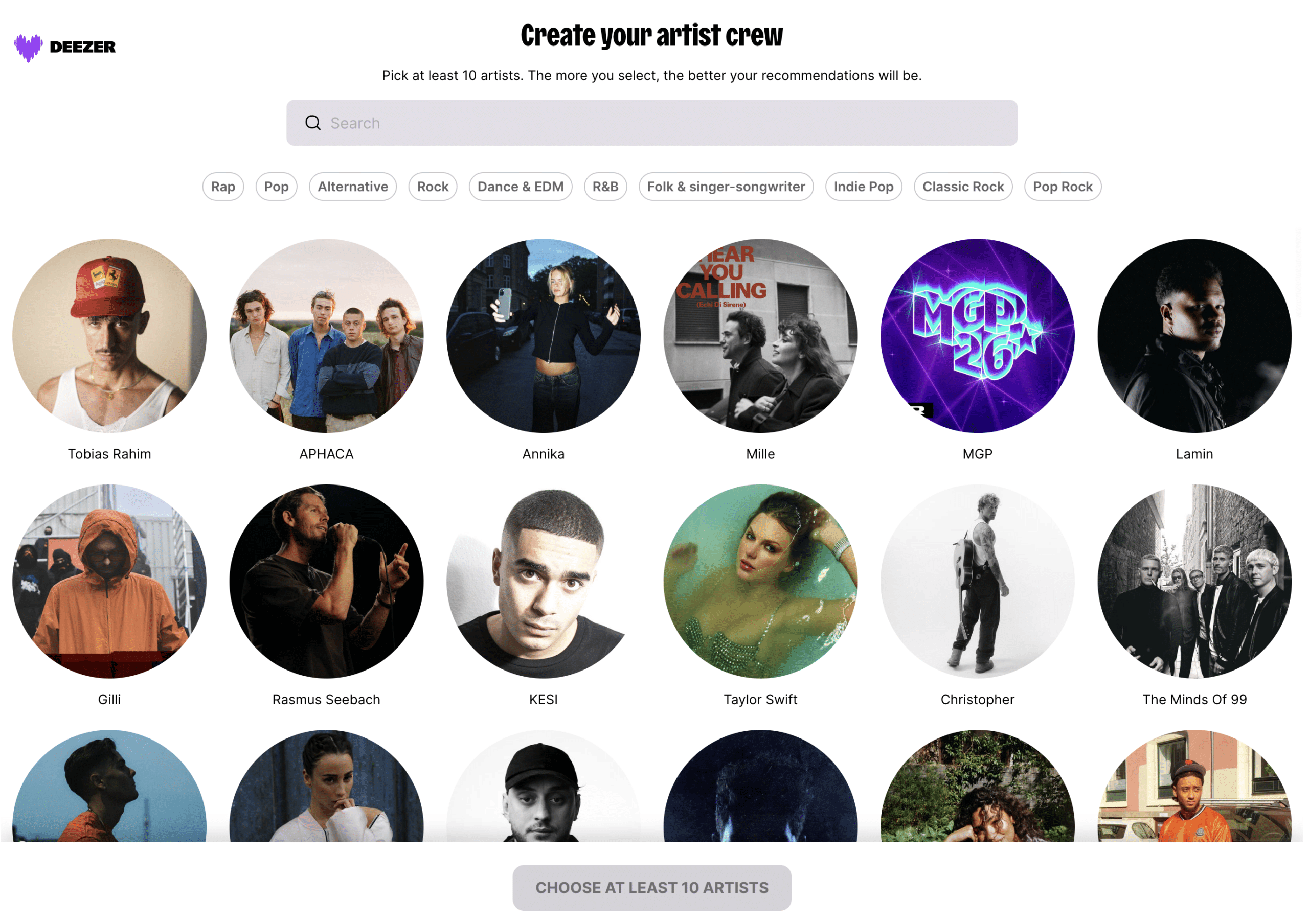 Deezer-näyttökuva musiikkiprofiilin asetuksista, jossa käyttäjän tulee valita vähintään 10 artistia, mm. Tobias Rahim, APHACA, Annika, Gilli, KESI, Taylor Swift ja The Minds of 99.