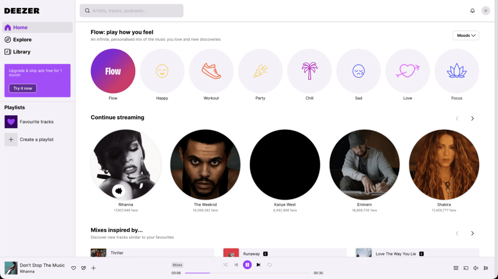 Deezer home screen with Flow, mood-based mixes like Happy, Workout and Chill, plus artist suggestions such as Rihanna, The Weeknd, Eminem and Shakira.