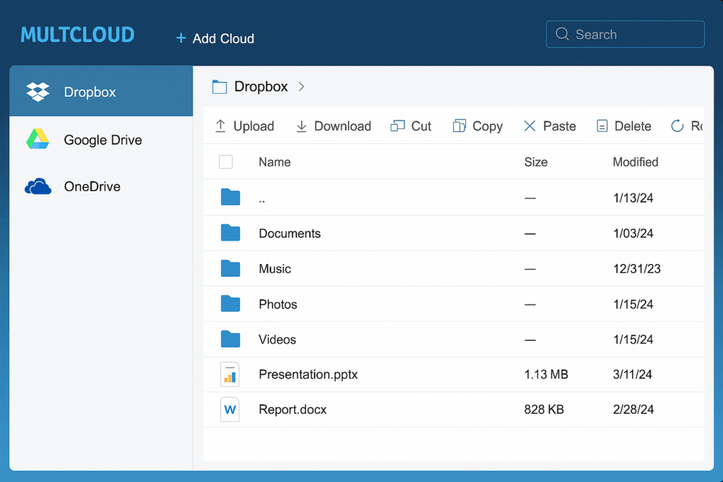 Skjermbilde av MultCloud i nettleseren med tilkoblede skytjenester (Dropbox, Google Drive og OneDrive) i venstremenyen og filmapper vist i høyre panel.
