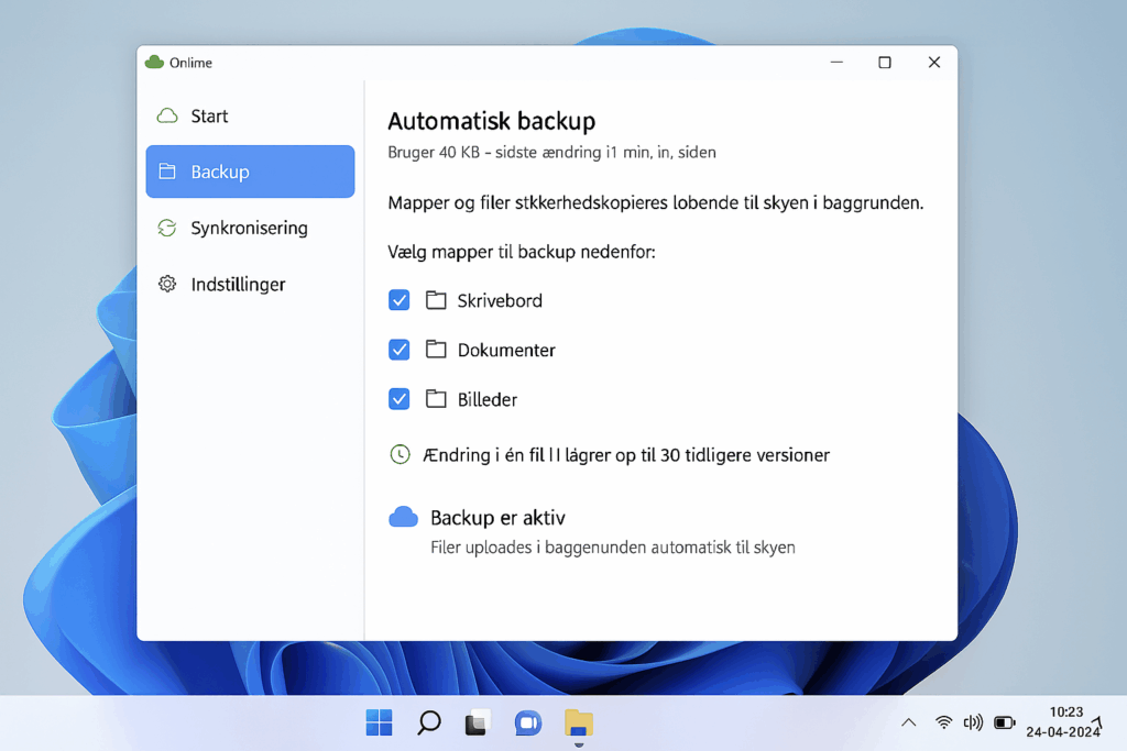 Screenshot af Onlime backup-program på Windows 11, der viser automatisk backup af mapperne Skrivebord, Dokumenter og Billeder med aktiv synkronisering til skyen.