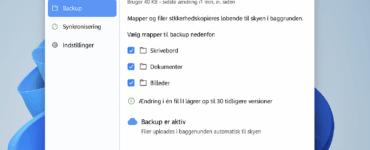Screenshot af Onlime backup-program på Windows 11, der viser automatisk backup af mapperne Skrivebord, Dokumenter og Billeder med aktiv synkronisering til skyen.