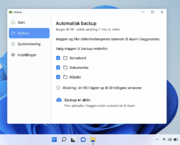 Screenshot af Onlime backup-program på Windows 11, der viser automatisk backup af mapperne Skrivebord, Dokumenter og Billeder med aktiv synkronisering til skyen.