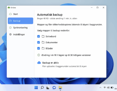 Screenshot af Onlime backup-program på Windows 11, der viser automatisk backup af mapperne Skrivebord, Dokumenter og Billeder med aktiv synkronisering til skyen.