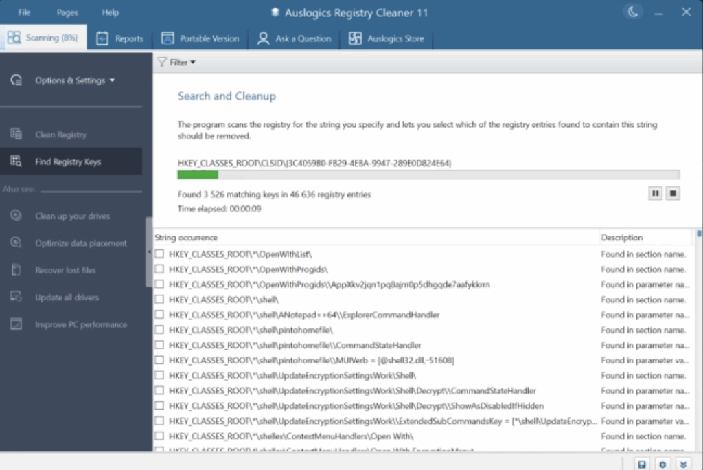 Skærmbillede af Auslogics Registry Cleaner Free med brugerflade til registreringsdatabase-oprydning og fejlfinding på Windows.