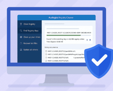 Illustration i 2D-stil af en computer med værktøjsikoner og skærmrensning, som symboliserer systemoptimering og registreringsdatabase-oprydning.