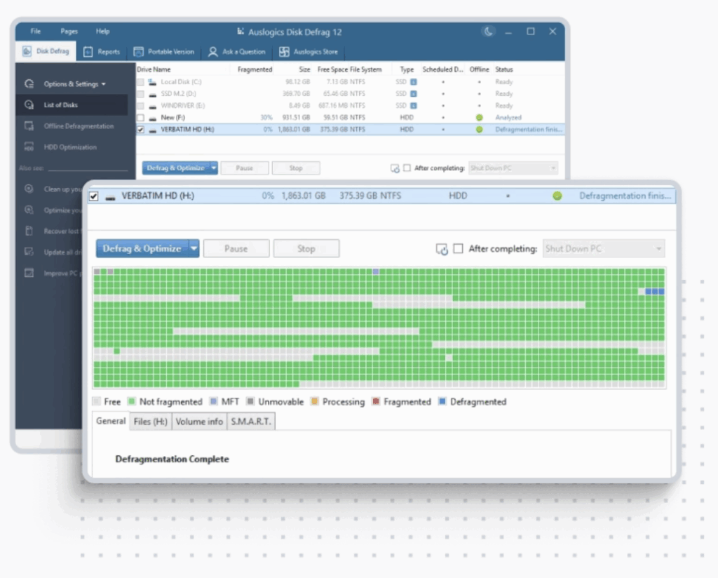 Skärmdump av Auslogics Disk Defrag med användarvänligt gränssnitt för diskoptimering och defragmentering.