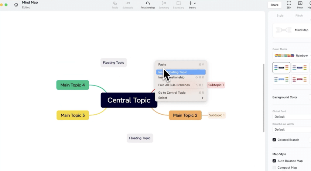 Skærmbillede af XMind, hvor et mindmap redigeres med farvede hovedemner, flydende emner og en højrekliksmenu til indsættelse af et nyt emne.