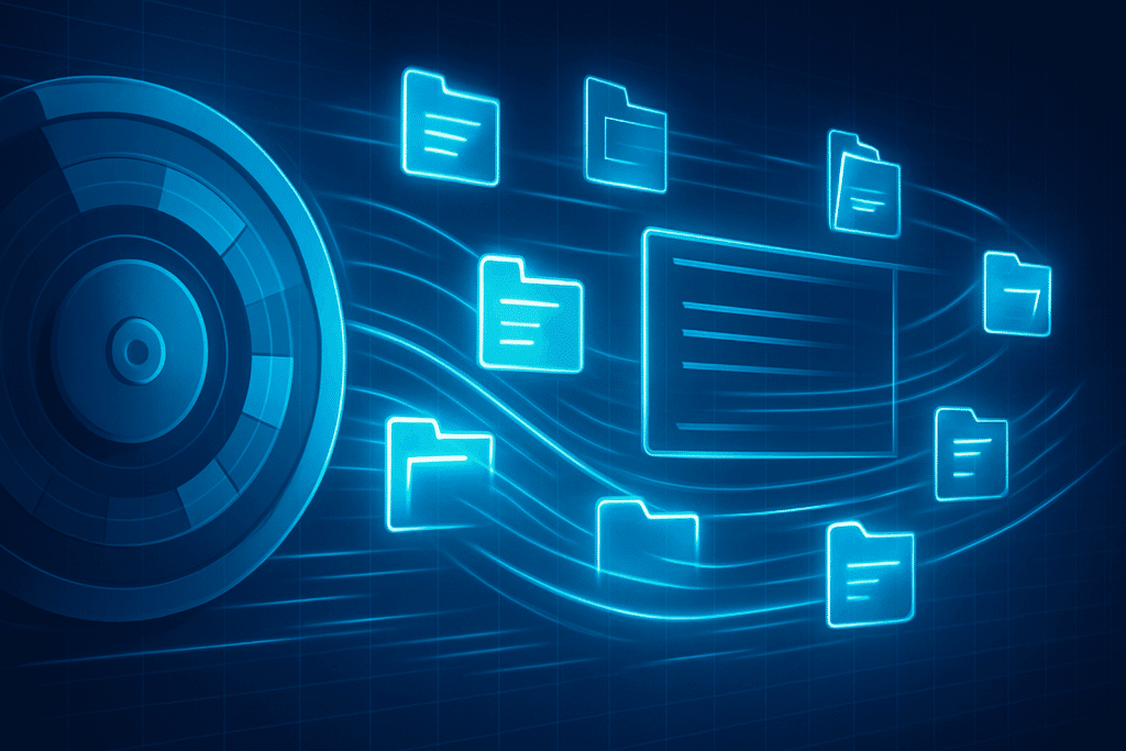 Digital illustration af dataoptimering med blå glødende mapper og en harddisk, der symboliserer defragmentering af filer på en computer.