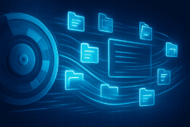 Digital illustration af dataoptimering med blå glødende mapper og en harddisk, der symboliserer defragmentering af filer på en computer.