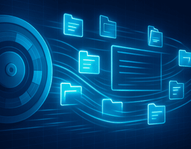 Digital illustration af dataoptimering med blå glødende mapper og en harddisk, der symboliserer defragmentering af filer på en computer.
