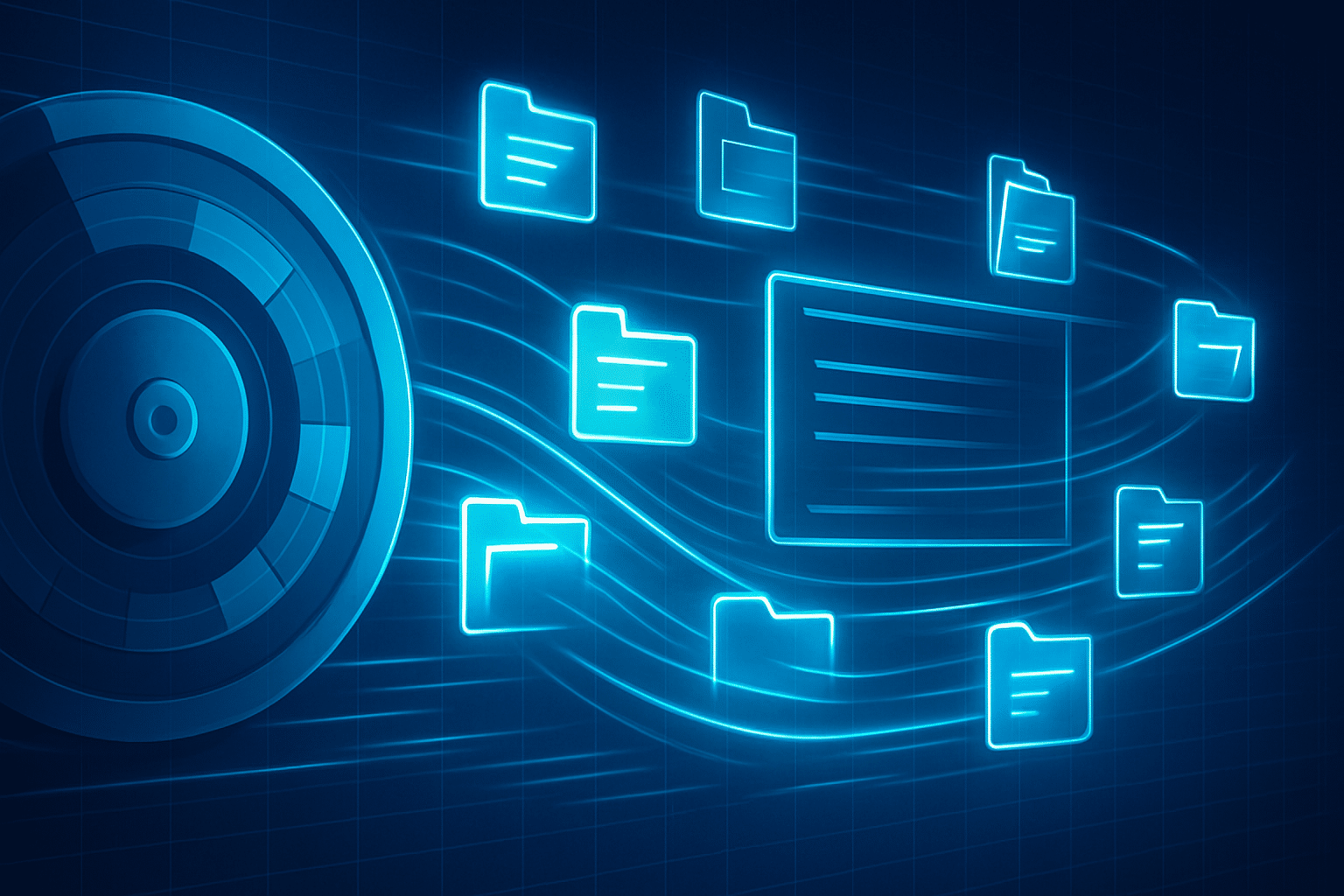 Digital illustrasjon av dataoptimalisering med blå, glødende mapper og en harddisk som symboliserer defragmentering av filer på en datamaskin.