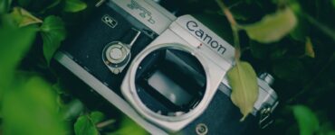 Vintage Canon-kamera uden objektiv ligger blandt grønne blade i nærbillede.