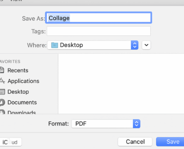 Screenshot fra vores test af CollageIt på Mac, hvor vi eksporterer en billedcollage til PDF via 'Save As'-vinduet.