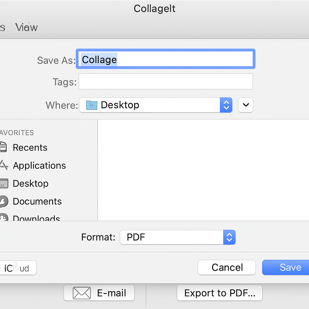 Skjermbilde fra vår test av CollageIt på Mac, der vi eksporterer en bildekollasje til PDF via «Lagre som»-vinduet.