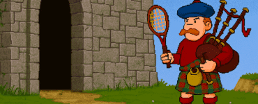 Skærmbillede fra spillet Hamish McTavish: The Haggis on the Moors, der viser hovedfiguren Hamish i kilt med sækkepibe og tennisketsjer foran en stenet borg i det skotske højland.