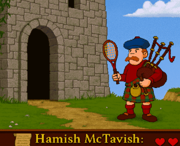 Skærmbillede fra spillet Hamish McTavish: The Haggis on the Moors, der viser hovedfiguren Hamish i kilt med sækkepibe og tennisketsjer foran en stenet borg i det skotske højland.