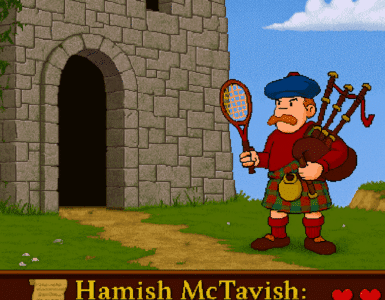 Skærmbillede fra spillet Hamish McTavish: The Haggis on the Moors, der viser hovedfiguren Hamish i kilt med sækkepibe og tennisketsjer foran en stenet borg i det skotske højland.