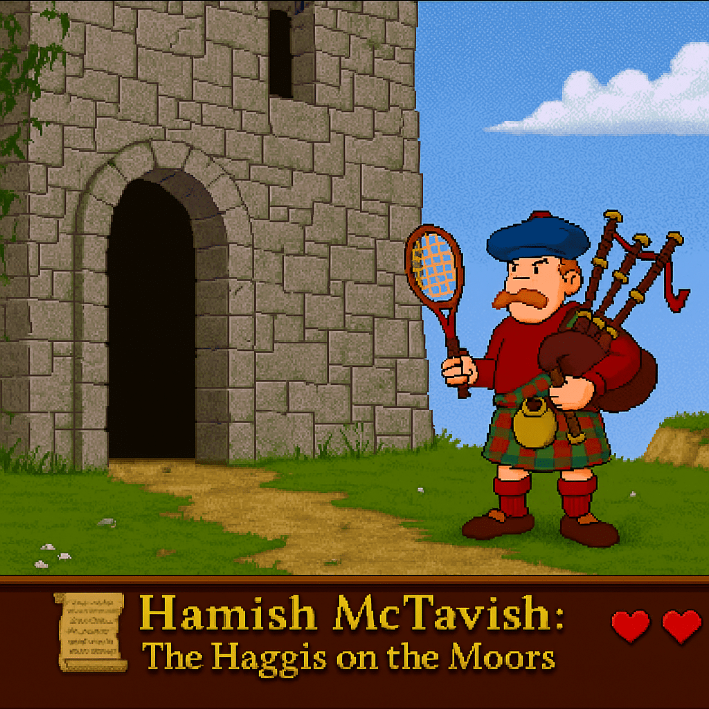 Skjermbilde fra spillet Hamish McTavish: The Haggis on the Moors, som viser hovedfiguren Hamish i kilt med sekkepipe og tennisketsjer foran en steinete borg i det skotske høylandet.