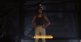 Dialogscene fra Cyberpunk 2077, hvor spilleren taler med en karakter i et mørkt, futuristisk rum, mens spillets gule samtalevalg vises nederst på skærmen.