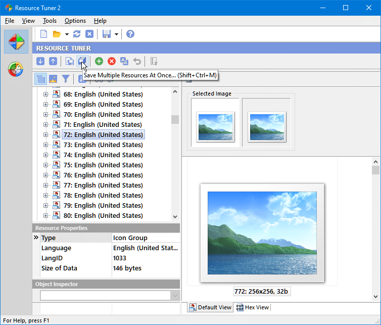 Resource Tuner viser ikonredigering i en EXE-fil med forhåndsvisning av bilder og språkstrenger i Windows 11.