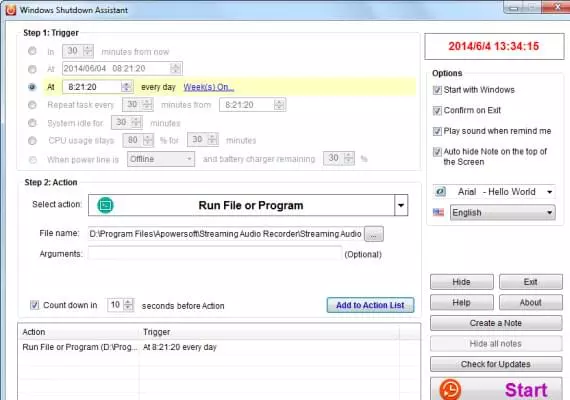 Skjermbilde av Windows Shutdown Assistant, der brukeren planlegger automatisk nedstenging av datamaskinen på et bestemt tidspunkt i Windows.