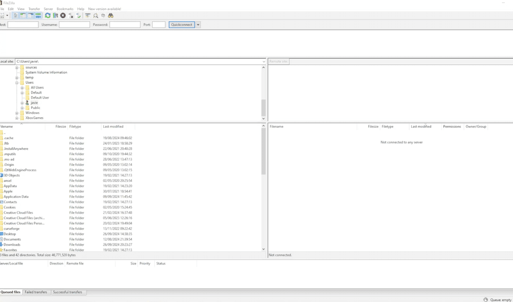 FileZilla FTP client on Windows showing local files, server files, and quick connect fields for FTP and SFTP.
