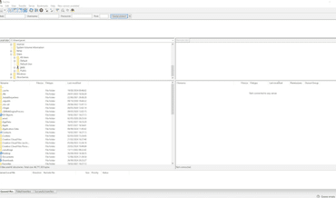FileZilla FTP-klient på Windows med oversigt over lokale filer, serverfiler og felter til FTP- og SFTP-forbindelse.