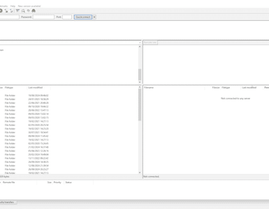 FileZilla FTP-klient på Windows med oversigt over lokale filer, serverfiler og felter til FTP- og SFTP-forbindelse.