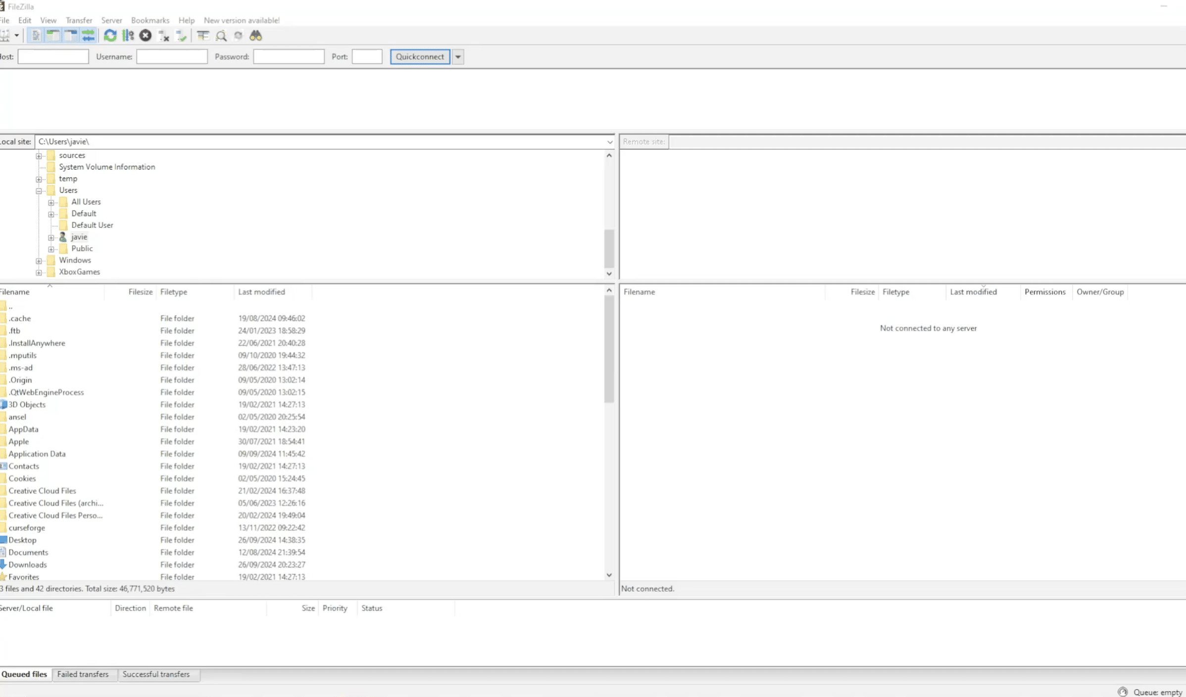 FileZilla FTP-Client unter Windows mit Übersicht über lokale Dateien, Serverdateien und Felder für FTP- und SFTP-Verbindungen.