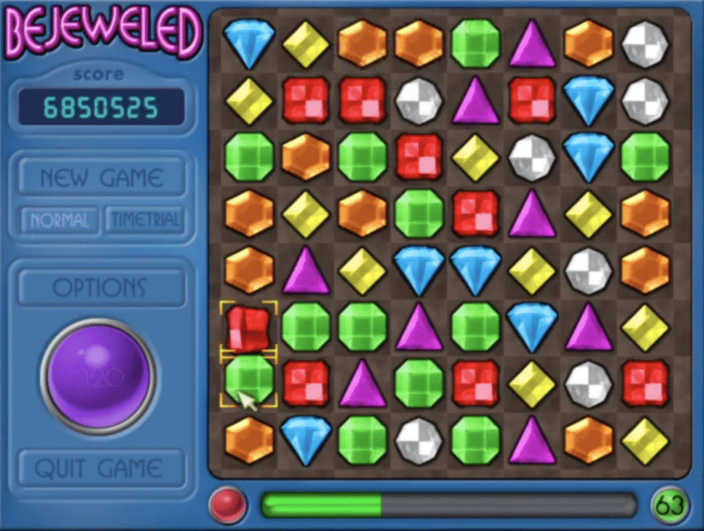 Bejeweled Deluxe PC:llä – klassinen match-3-lauta, pistetaulu ja värikkäät jalokivet