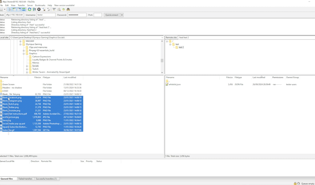 FileZilla with an active SFTP connection. Local files selected for upload and server folders shown on the right.