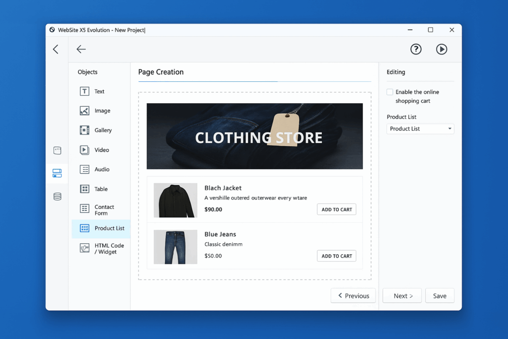 Skjermbilde fra vår test av Website X5 Evolution på Windows 11, der vi bygger en nettbutikk med drag-and-drop-editoren og legger til produkter.
